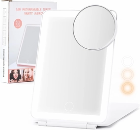 Travel Makeup Mirror with 10X Magnifying Vanity Mirror,Dimmable 3 Color LED Light up Mirror,USB Rechargeable Batteries Touch Screen,Portable Cosmetic Mirror,Travel Essentials for Women(White)