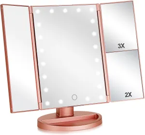 Tri-fold Lighted Vanity Makeup Mirror with 3x/2x Magnification,21 LEDs Light and Touch Screen,180 Degree Free Rotation Countertop Cosmetic Mirror,Travel (Rose Gold)