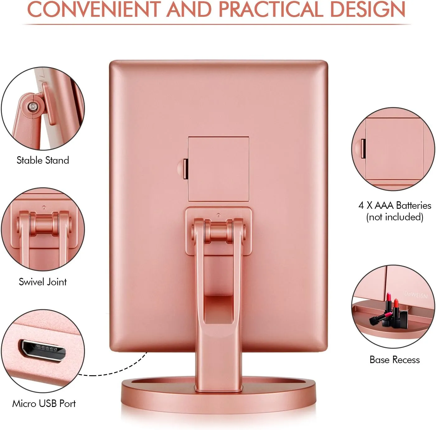 Tri-fold Lighted Vanity Makeup Mirror with 3x/2x Magnification,21 LEDs Light and Touch Screen,180 Degree Free Rotation Countertop Cosmetic Mirror,Travel (Rose Gold)
