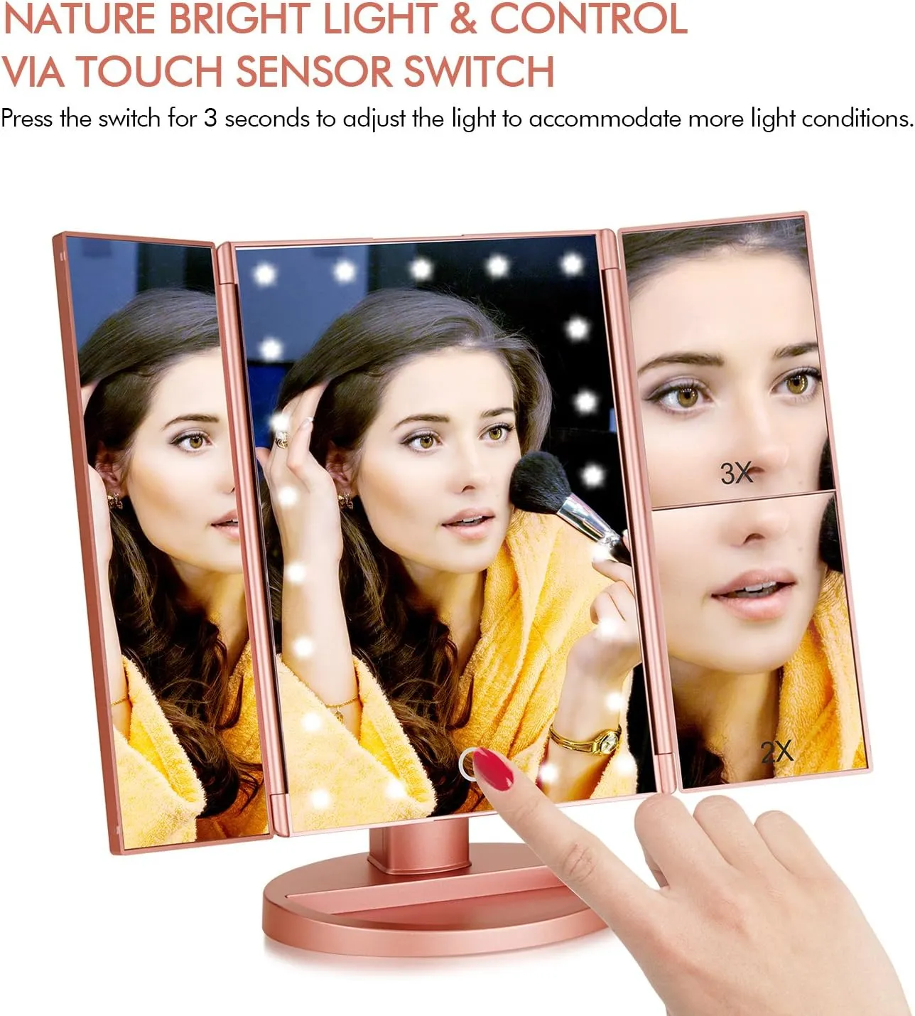 Tri-fold Lighted Vanity Makeup Mirror with 3x/2x Magnification,21 LEDs Light and Touch Screen,180 Degree Free Rotation Countertop Cosmetic Mirror,Travel (Rose Gold)