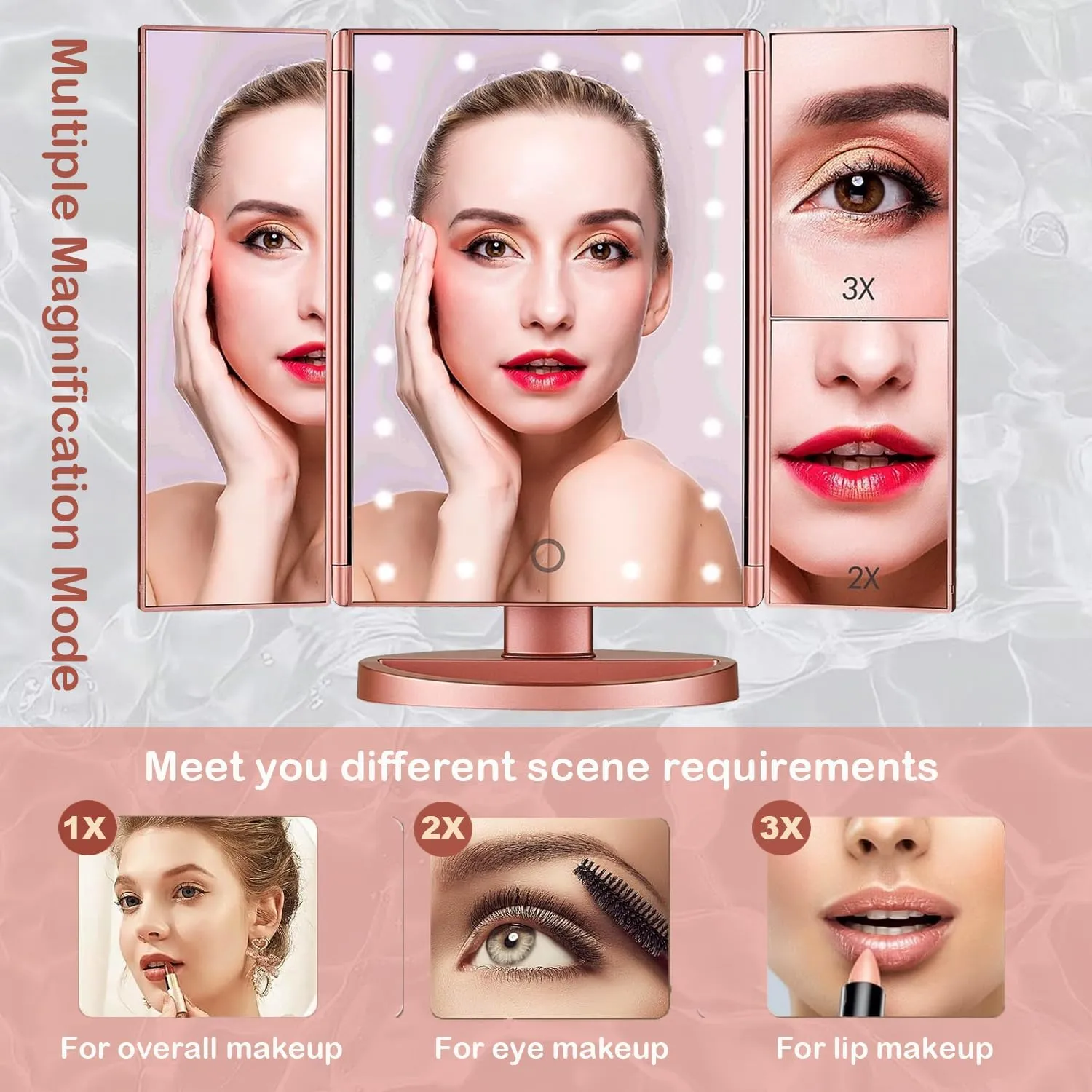 Tri-fold Lighted Vanity Makeup Mirror with 3x/2x Magnification,21 LEDs Light and Touch Screen,180 Degree Free Rotation Countertop Cosmetic Mirror,Travel (Rose Gold)