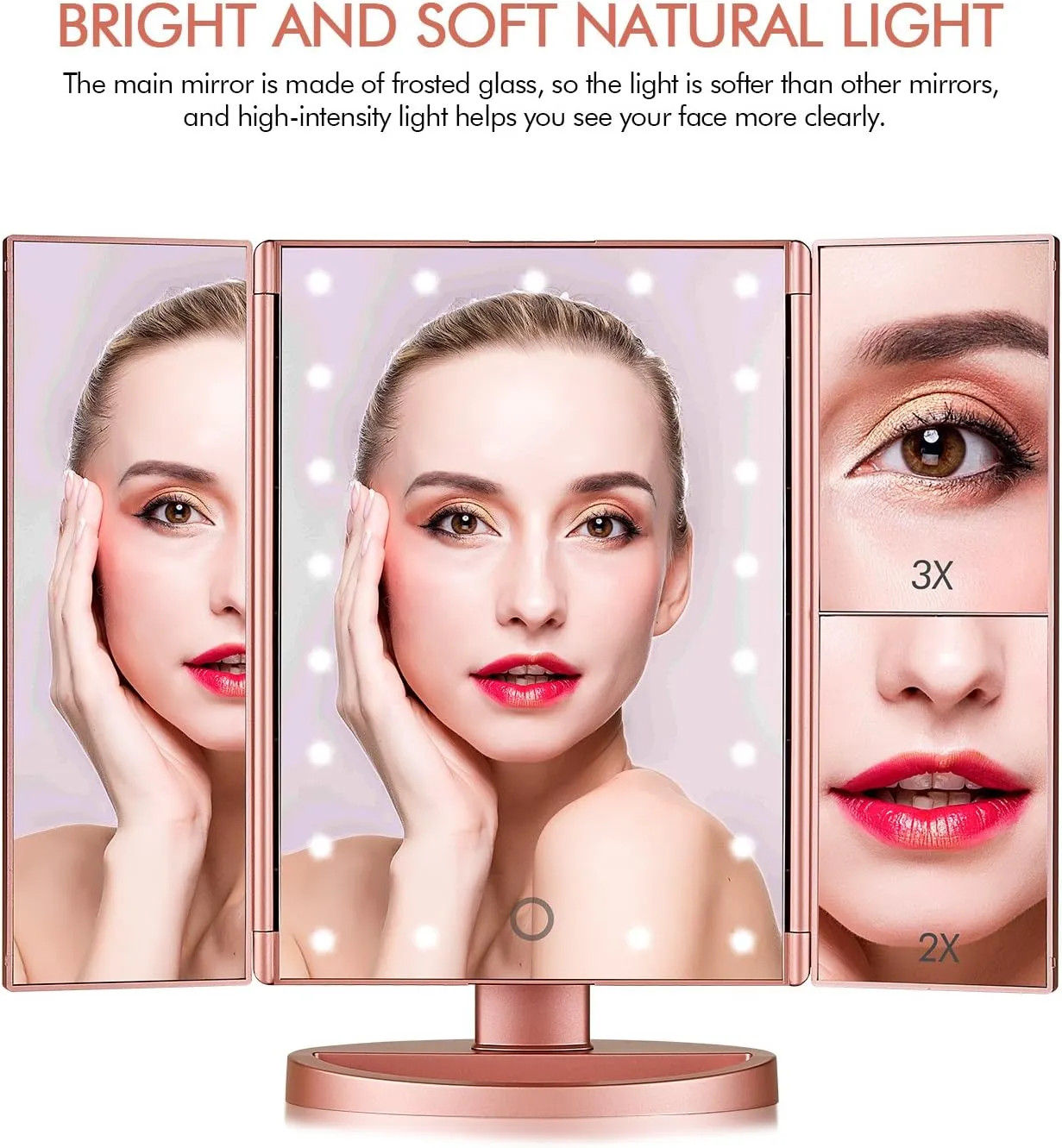 Tri-fold Lighted Vanity Makeup Mirror with 3x/2x Magnification,21 LEDs Light and Touch Screen,180 Degree Free Rotation Countertop Cosmetic Mirror,Travel (Rose Gold)