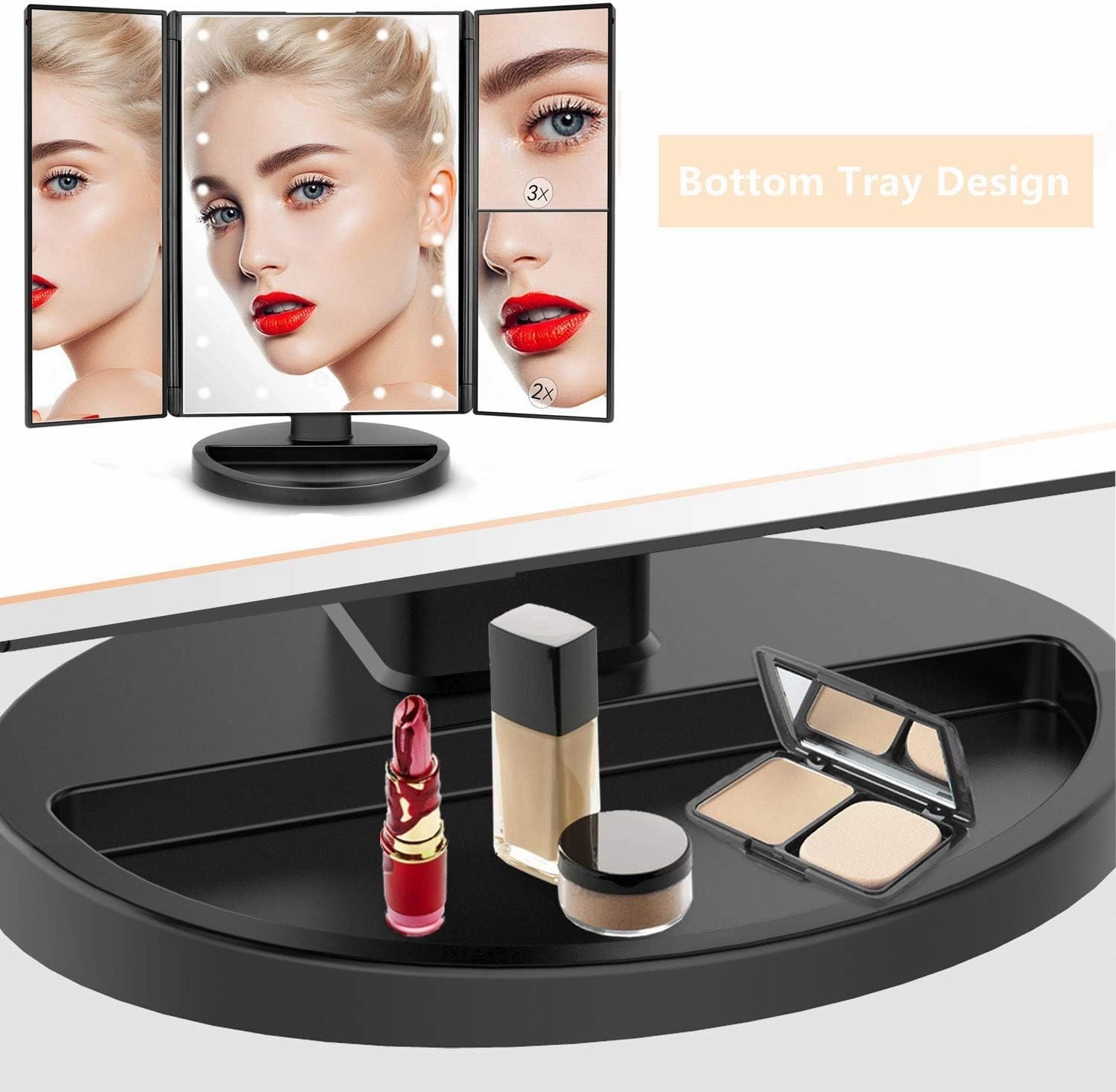 Tri-fold Lighted Vanity Makeup Mirror with 3x/2x Magnification,21 LEDs Light and Touch Screen,180 Degree Free Rotation Countertop Cosmetic Mirror,Travel (Black)