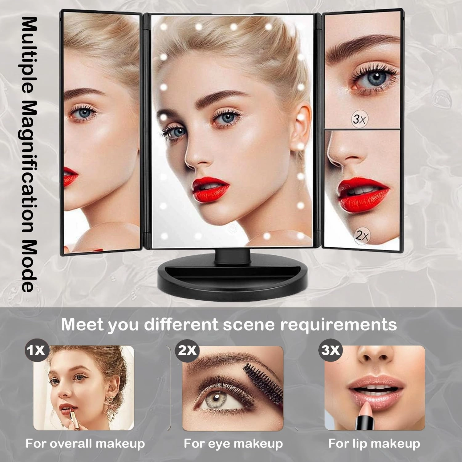 Tri-fold Lighted Vanity Makeup Mirror with 3x/2x Magnification,21 LEDs Light and Touch Screen,180 Degree Free Rotation Countertop Cosmetic Mirror,Travel (Black)