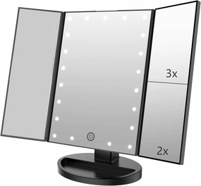 Tri-fold Lighted Vanity Makeup Mirror with 3x/2x Magnification,21 LEDs Light and Touch Screen,180 Degree Free Rotation Countertop Cosmetic Mirror,Travel (Black)