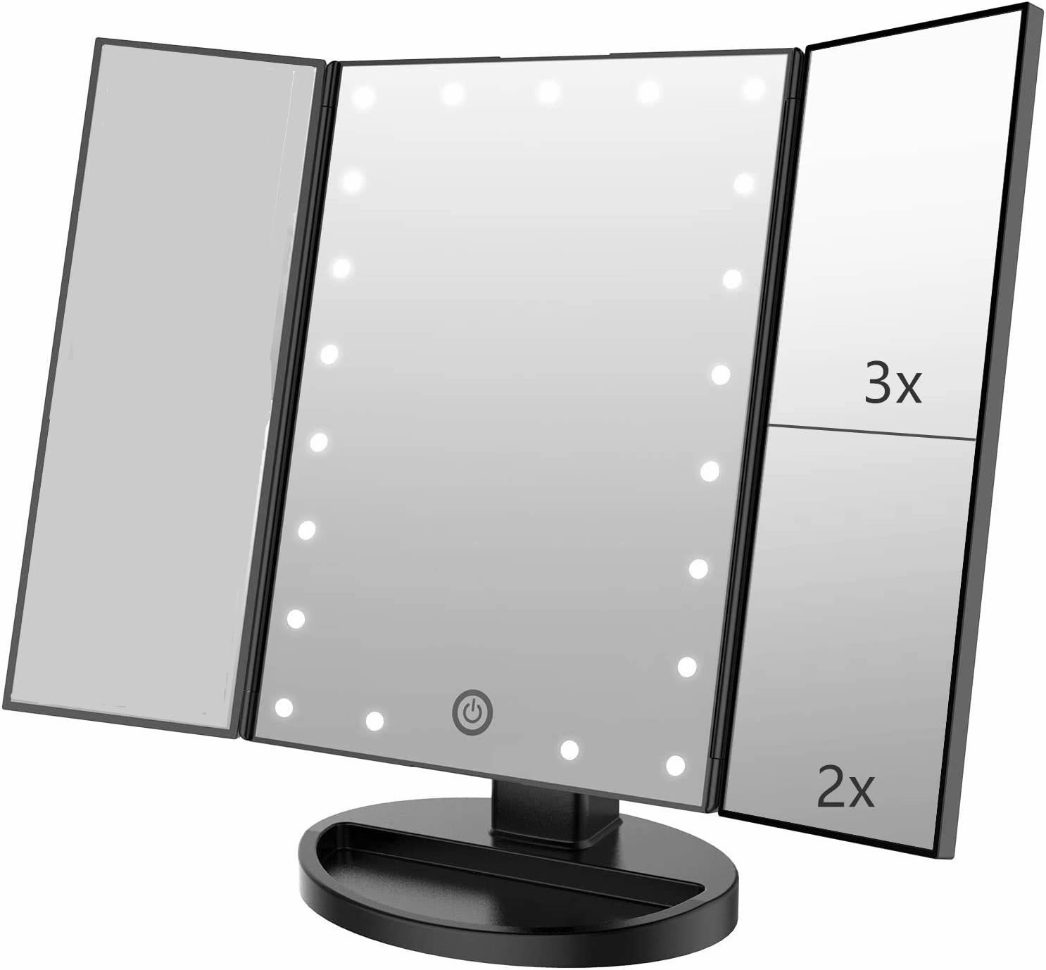 Tri-fold Lighted Vanity Makeup Mirror with 3x/2x Magnification,21 LEDs Light and Touch Screen,180 Degree Free Rotation Countertop Cosmetic Mirror,Travel (Black)