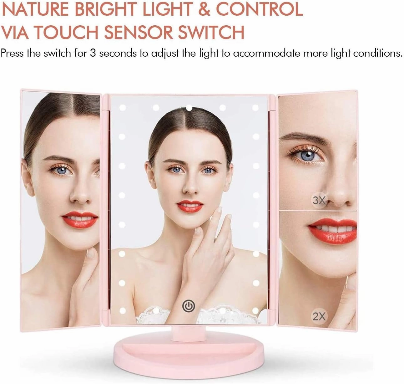 Tri-fold Lighted Vanity Makeup Mirror with 3x/2x Magnification,21 LEDs Light and Touch Screen,180 Degree Free Rotation Countertop Cosmetic Mirror,Travel(Pink)
