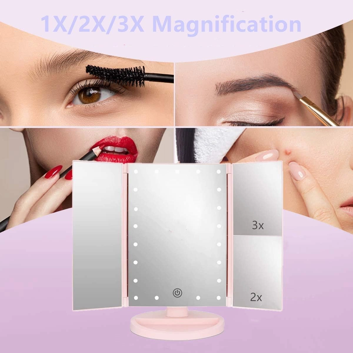 Tri-fold Lighted Vanity Makeup Mirror with 3x/2x Magnification,21 LEDs Light and Touch Screen,180 Degree Free Rotation Countertop Cosmetic Mirror,Travel(Pink)