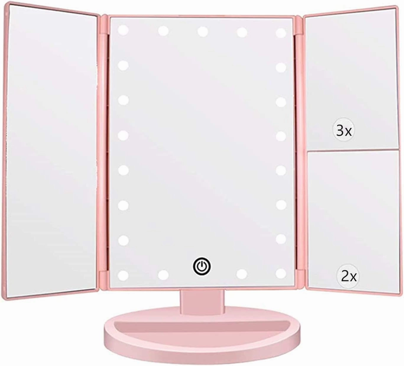 Tri-fold Lighted Vanity Makeup Mirror with 3x/2x Magnification,21 LEDs Light and Touch Screen,180 Degree Free Rotation Countertop Cosmetic Mirror,Travel(Pink)