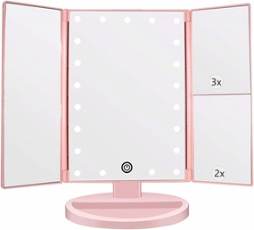 Tri-fold Lighted Vanity Makeup Mirror with 3x/2x Magnification,21 LEDs Light and Touch Screen,180 Degree Free Rotation Countertop Cosmetic Mirror,Travel(Pink)