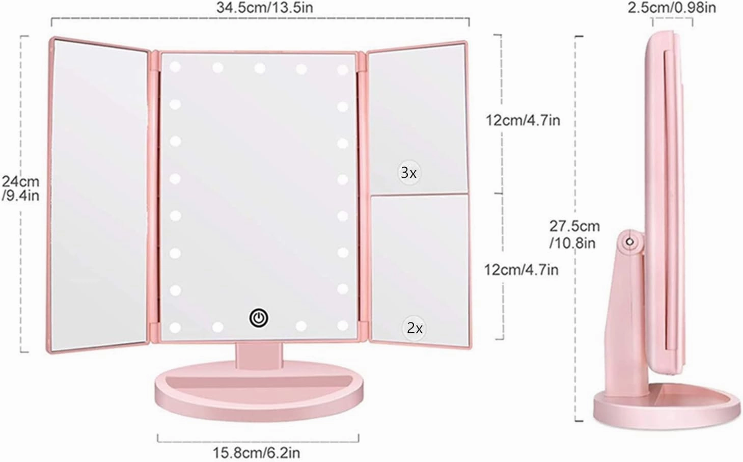 Tri-fold Lighted Vanity Makeup Mirror with 3x/2x Magnification,21 LEDs Light and Touch Screen,180 Degree Free Rotation Countertop Cosmetic Mirror,Travel(Pink)