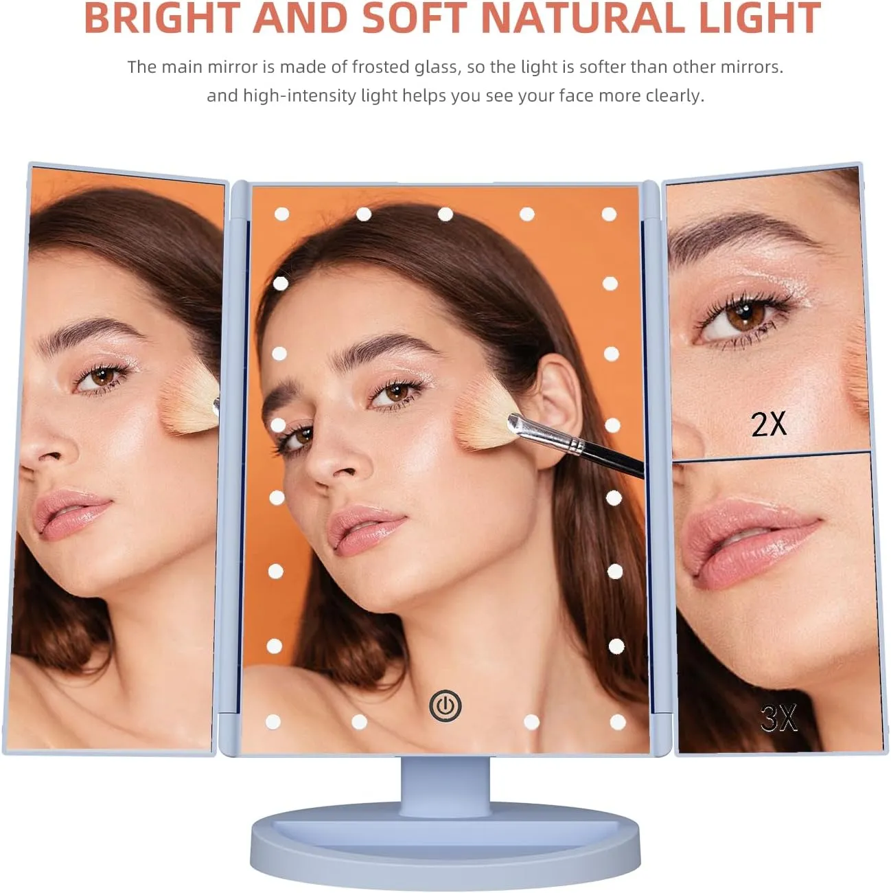 Trifold Makeup Mirror Vanity Mirror with Lights,1X 2X 3X Magnification,Touch Screen,180 Adjustable Rotation,Portable Travel Bathroom Cosmetic Mirror