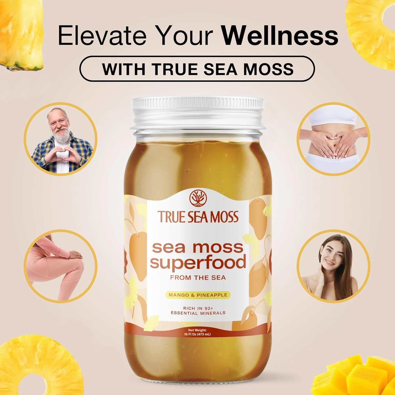 TrueSeaMoss Sea Moss Gel – Made in USA – Wildcrafted Seamoss, Fresh Fruits & Sea Vegetables – Mango/Pineapple, Pack of 1 (Labels may Vary)
