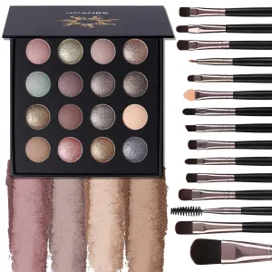 UCANBE Baked Eyeshadow Palette with 15PCS Brushes Makeup Set, 16 Color Natural Nude Matte Shimmer Metallic Eye Shadow Make Up Pallet for Women Girls, High Pigmented Long Lasting Waterproof