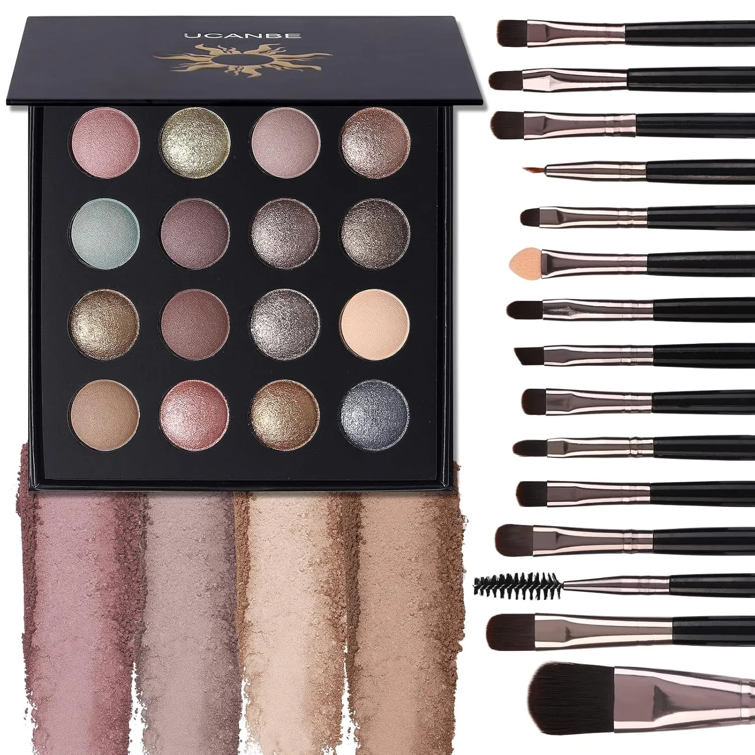 UCANBE Baked Eyeshadow Palette with 15PCS Brushes Makeup Set, 16 Color Natural Nude Matte Shimmer Metallic Eye Shadow Make Up Pallet for Women Girls, High Pigmented Long Lasting Waterproof