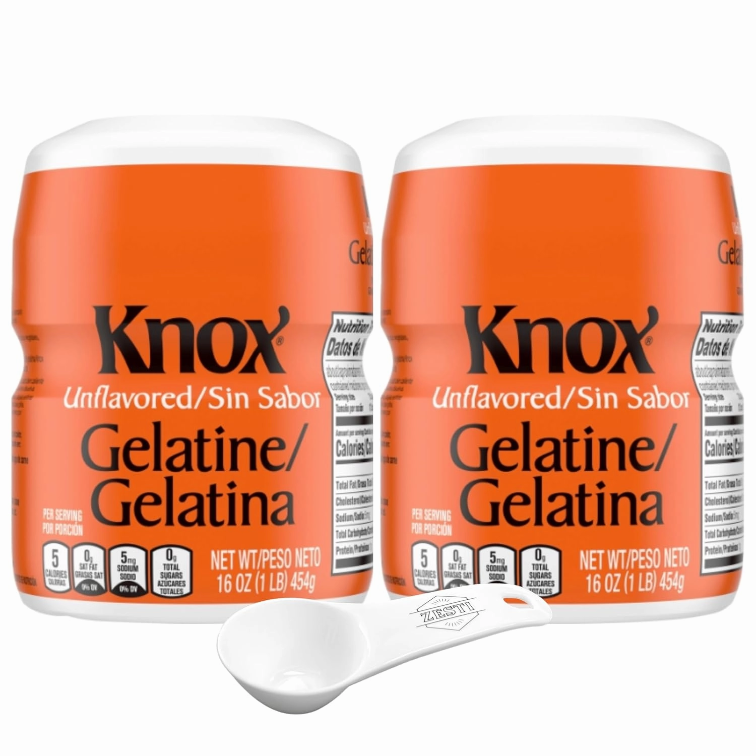 Unflavored Gelatin 2 Pack, 16 oz Canisters for Knox with ZESTI 20 ml Scoop – No-Carb Thickener for Desserts, Parfaits & More, Resealable Canister for Freshness, Perfect for Baking & Homemade Recipes