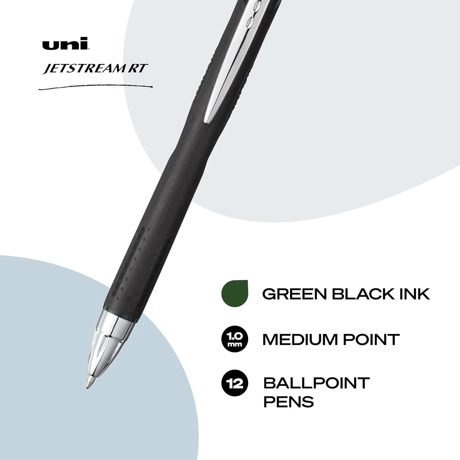 Uni-Ball Jetstream RT BLX 12 Pack, 1.0mm Medium Green/Black, Wirecutter Best Ballpoint Pens, Smooth Writing Pens