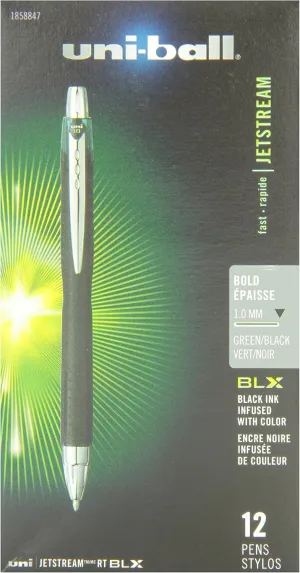 Uni-Ball Jetstream RT BLX 12 Pack, 1.0mm Medium Green/Black, Wirecutter Best Ballpoint Pens, Smooth Writing Pens