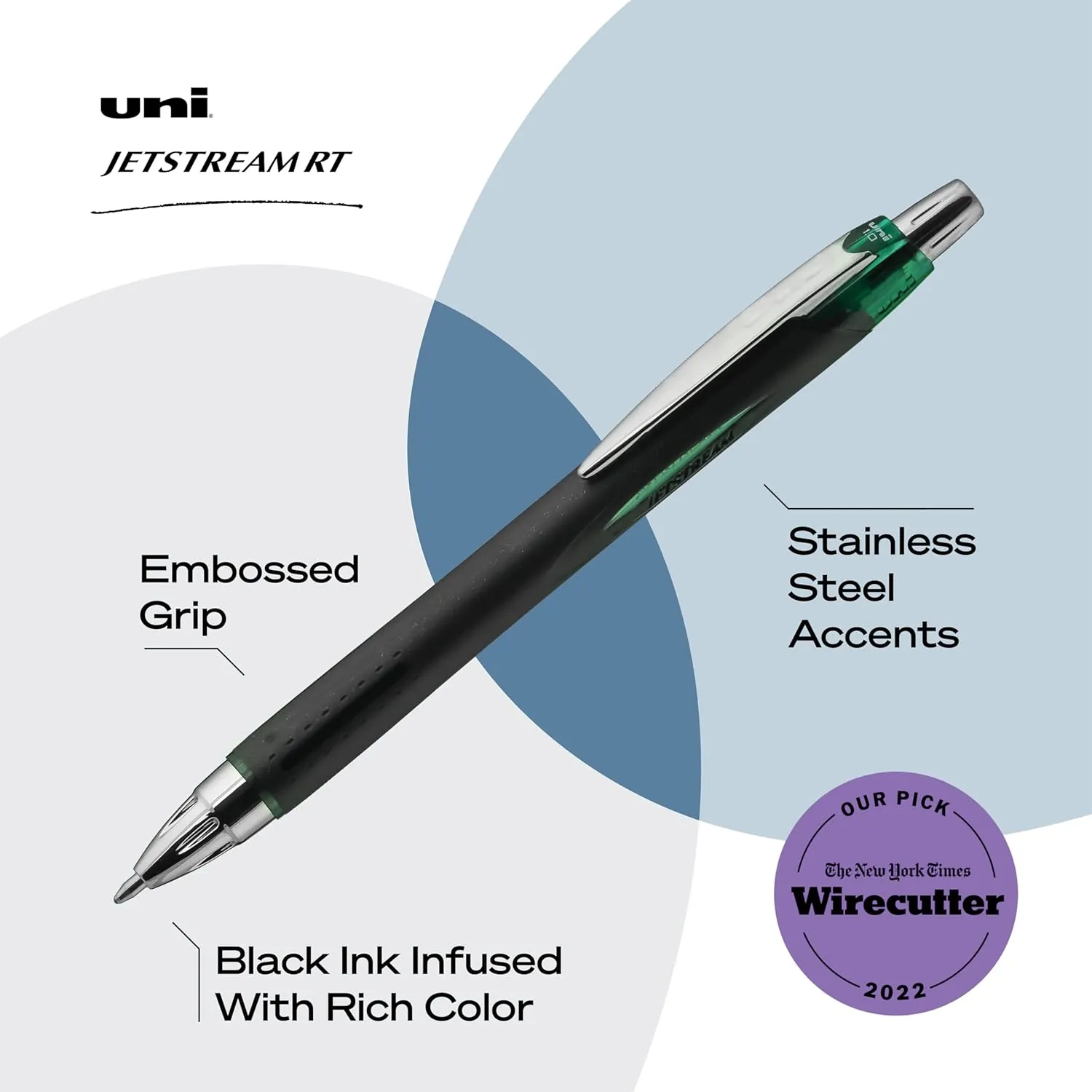 Uni-Ball Jetstream RT BLX 12 Pack, 1.0mm Medium Green/Black, Wirecutter Best Ballpoint Pens, Smooth Writing Pens
