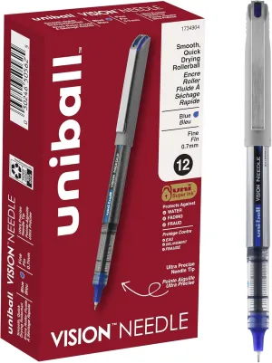 uni-ball uniball Vision Needle Rollerball Pens with 0.7mm Fine Point, Blue, 12 Count