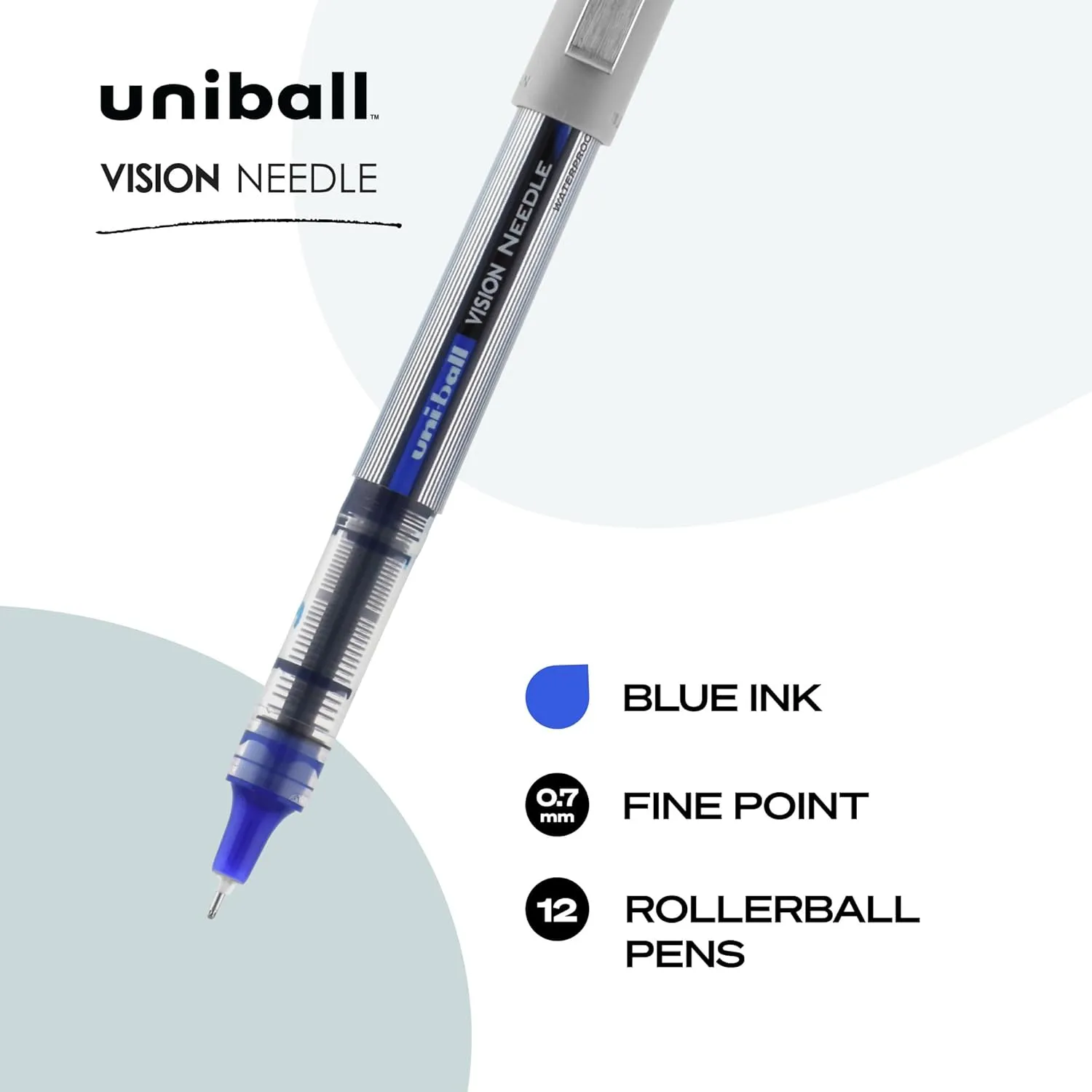 uni-ball uniball Vision Needle Rollerball Pens with 0.7mm Fine Point, Blue, 12 Count