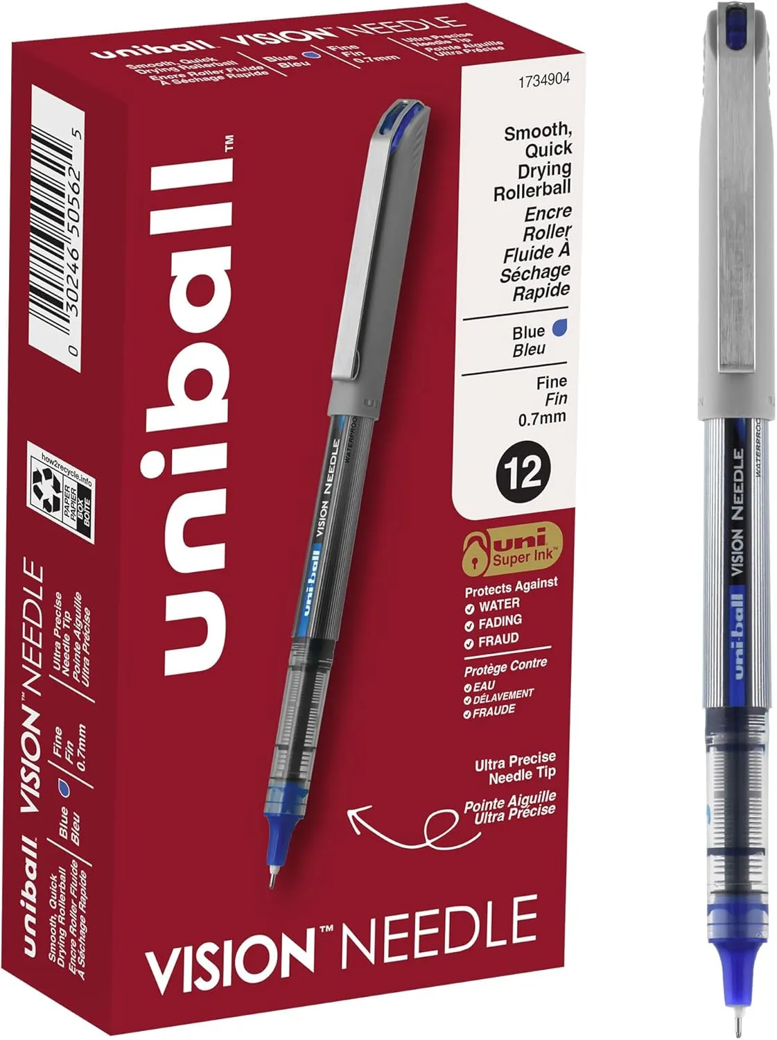 uni-ball uniball Vision Needle Rollerball Pens with 0.7mm Fine Point, Blue, 12 Count