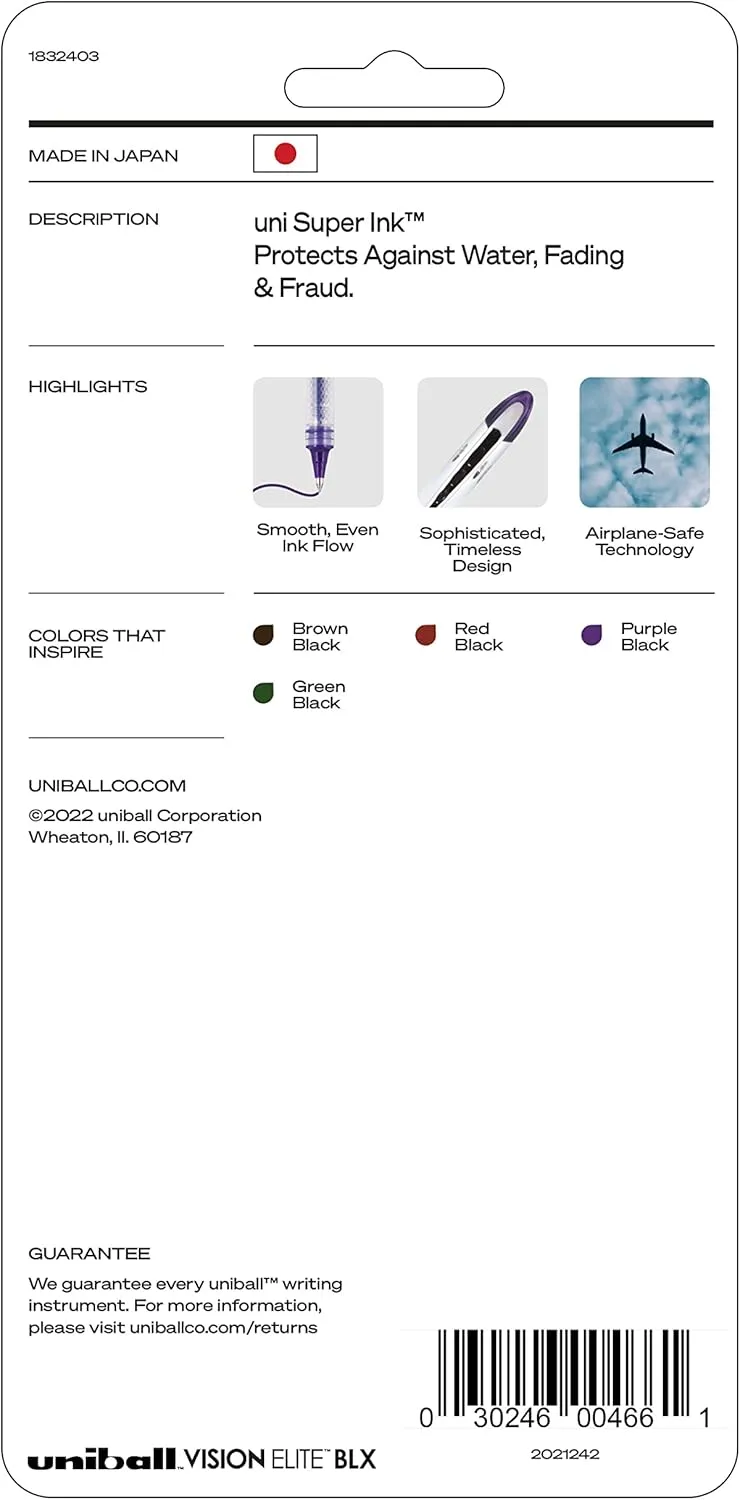 uni-ball® Vision™ Elite™ Liquid Ink Rollerball Pens, Bold Point, 0.8 mm, White Barrels, Assorted Ink Colors, Pack Of 4