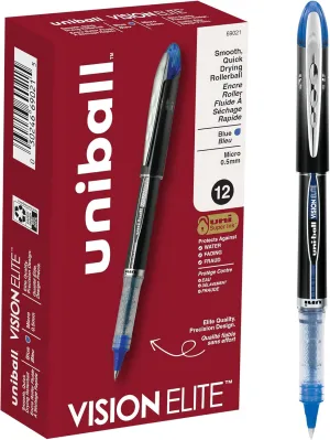Uniball Vision Elite Rollerball Pens, Blue Pens Pack of 12, Micro Pens with 0.5mm Ink, Fine Point Smooth Writing Pens Supplies