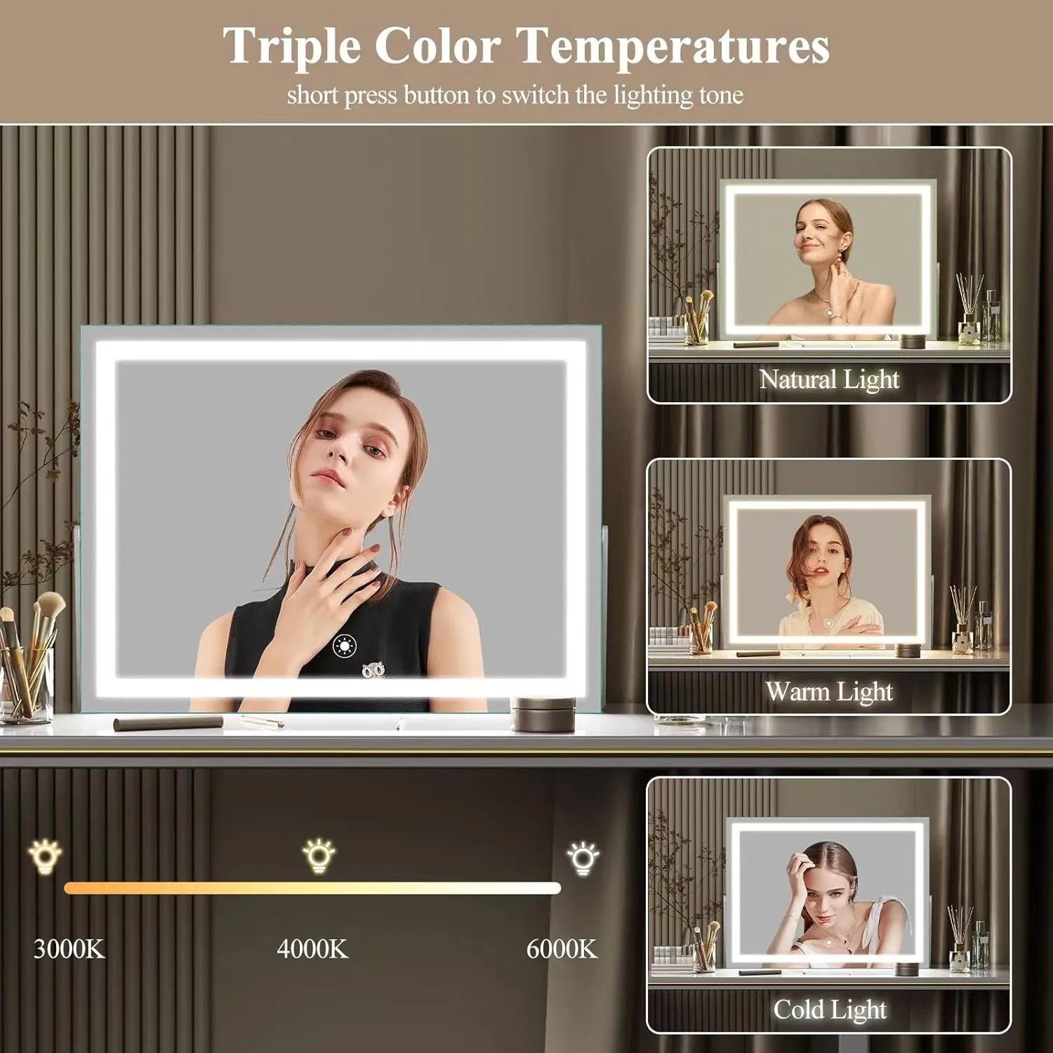 Vanity Mirror with Lights, 15"× 11" LED Makeup Mirror, Lighted Makeup Mirror with Lights, Smart Touch Control Dimmable 3 Modes Light 360°Rotation Gold