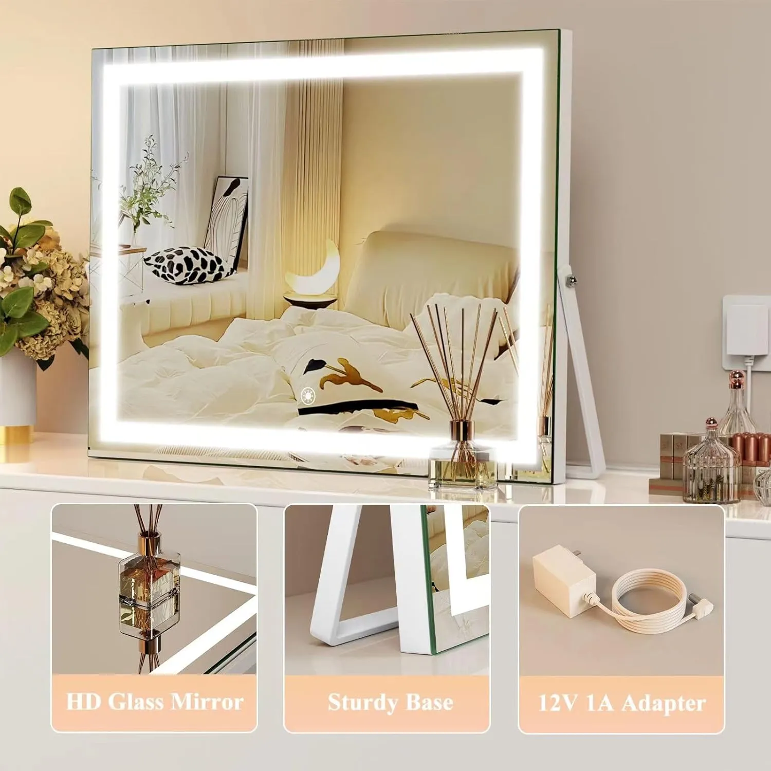 Vanity Mirror with Lights, 15"× 11" LED Makeup Mirror, Lighted Makeup Mirror with Lights, Smart Touch Control Dimmable 3 Modes Light 360°Rotation Gold