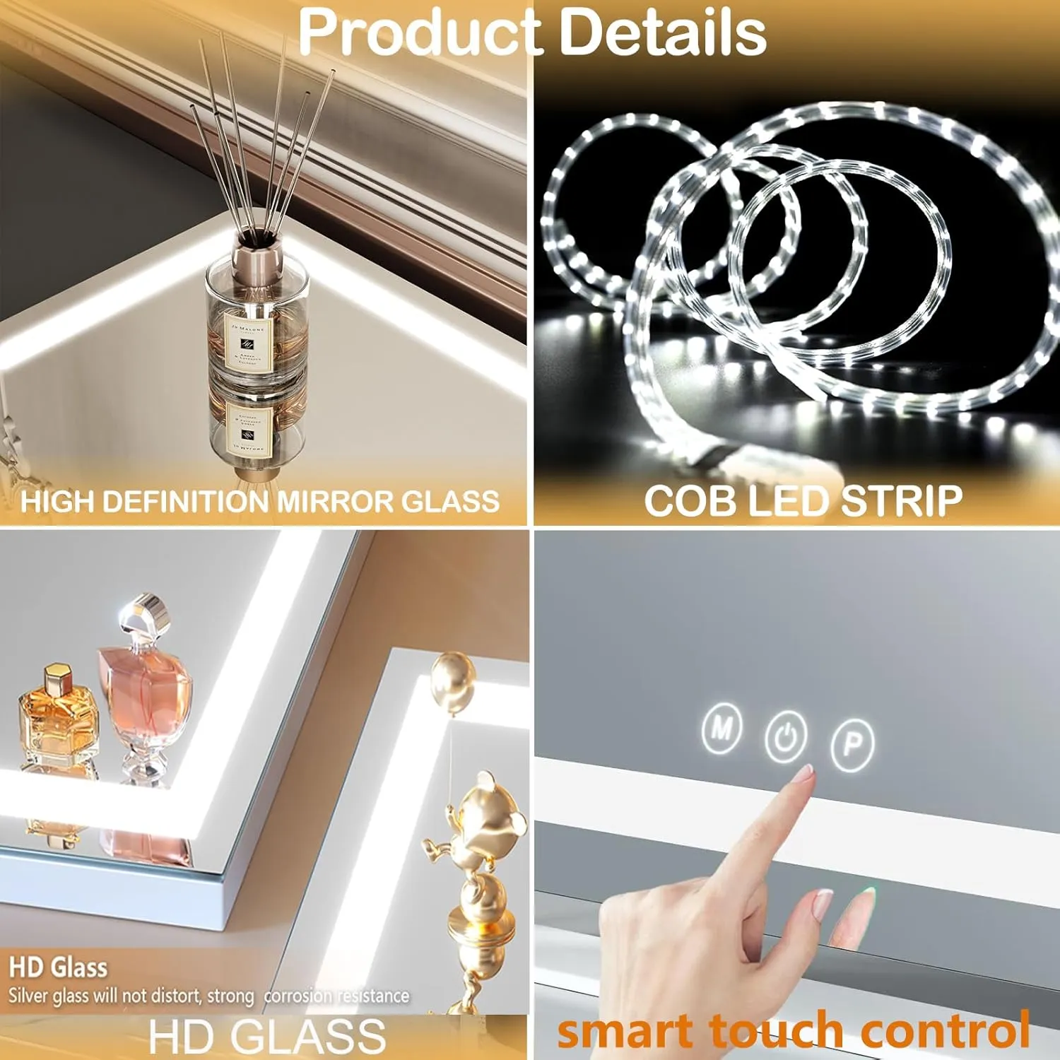 Vanity Mirror with Lights, 15"× 11" LED Makeup Mirror, Lighted Makeup Mirror with Lights, Smart Touch Control Dimmable 3 Modes Light 360°Rotation Gold