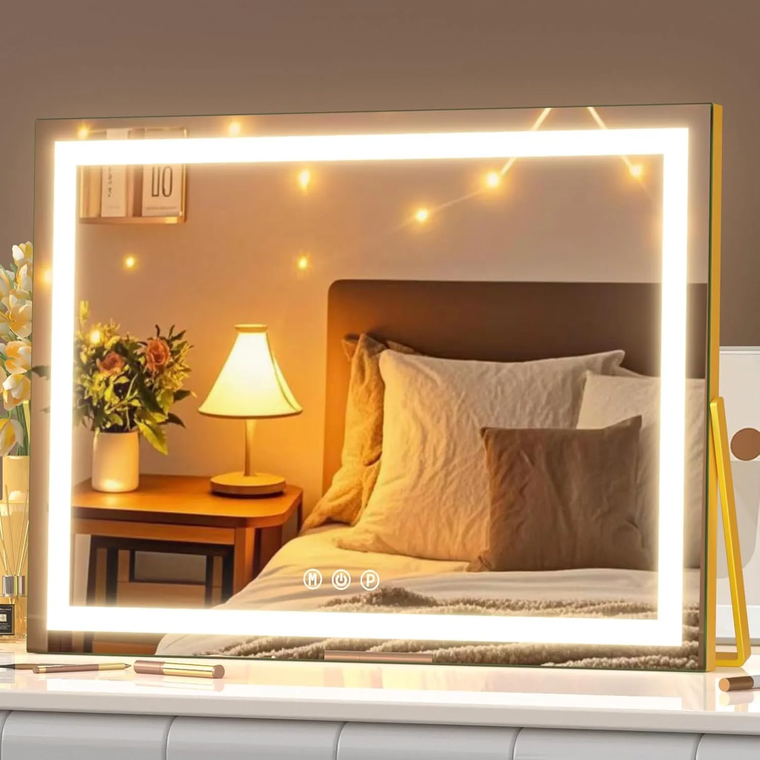 Vanity Mirror with Lights, 15"× 11" LED Makeup Mirror, Lighted Makeup Mirror with Lights, Smart Touch Control Dimmable 3 Modes Light 360°Rotation Gold