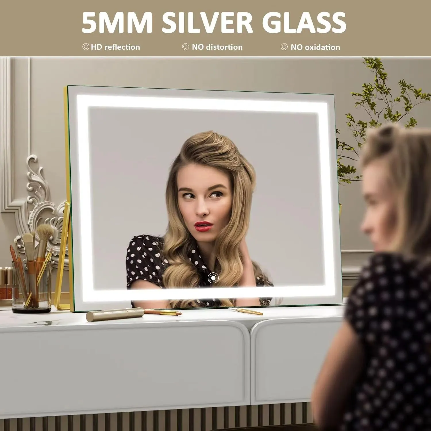 Vanity Mirror with Lights, 15"× 11" LED Makeup Mirror, Lighted Makeup Mirror with Lights, Smart Touch Control Dimmable 3 Modes Light 360°Rotation Gold