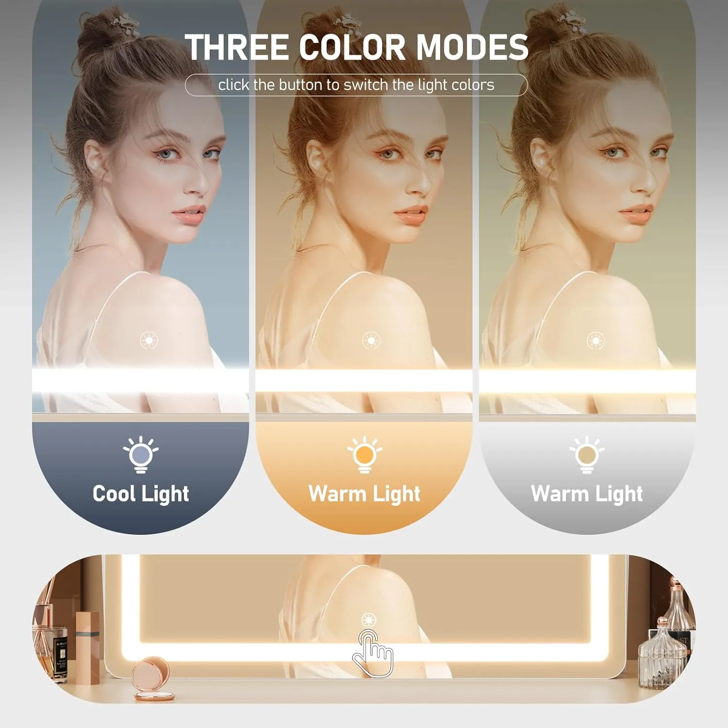 Vanity Mirror with Lights, 15"× 11" LED Makeup Mirror, Lighted Makeup Mirror with Lights, Smart Touch Control Dimmable 3 Modes Light 360°Rotation Gold