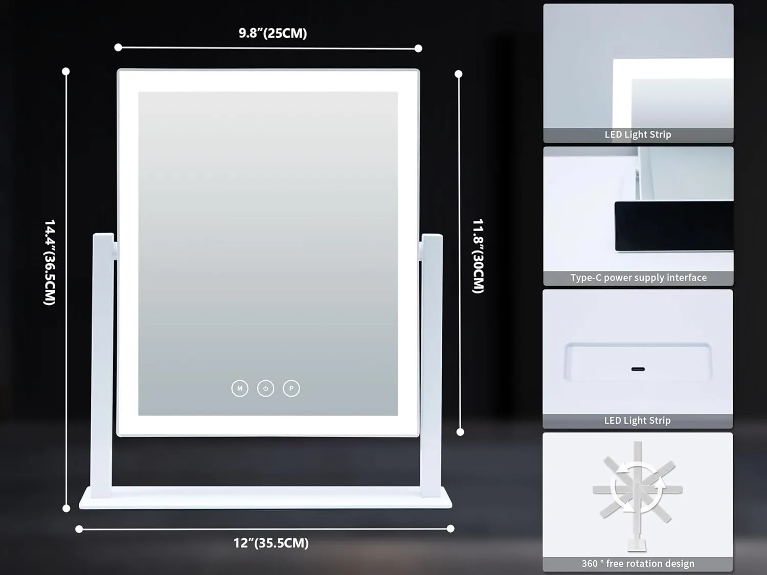 Vanity Mirror with Lights, Makeup Mirror with Lights Three Color Lighting Modes, Dimmable Touch Screen, Detachable 10X Magnifying Mirror, 360°Free Rotation,White