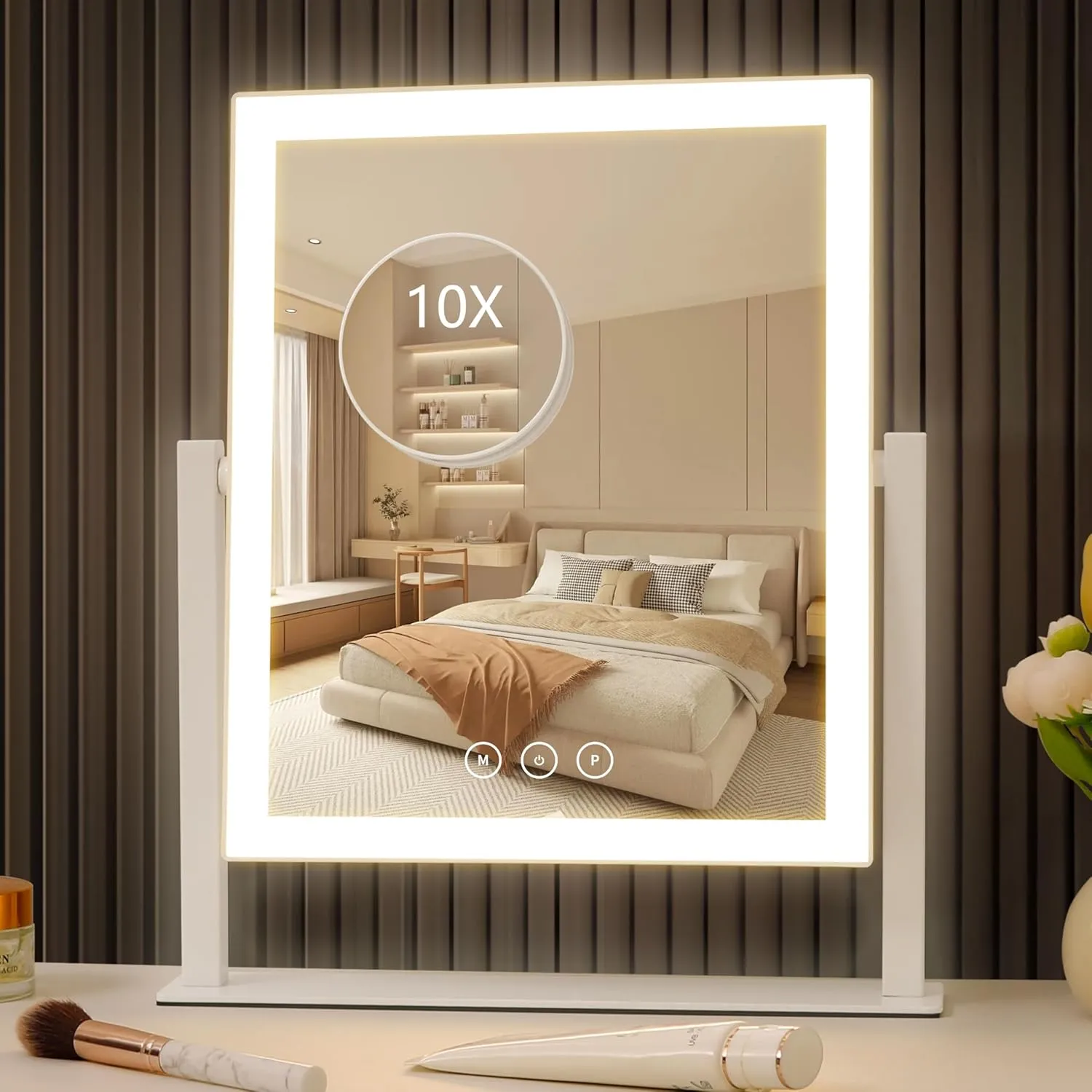 Vanity Mirror with Lights, Makeup Mirror with Lights Three Color Lighting Modes, Dimmable Touch Screen, Detachable 10X Magnifying Mirror, 360°Free Rotation,White