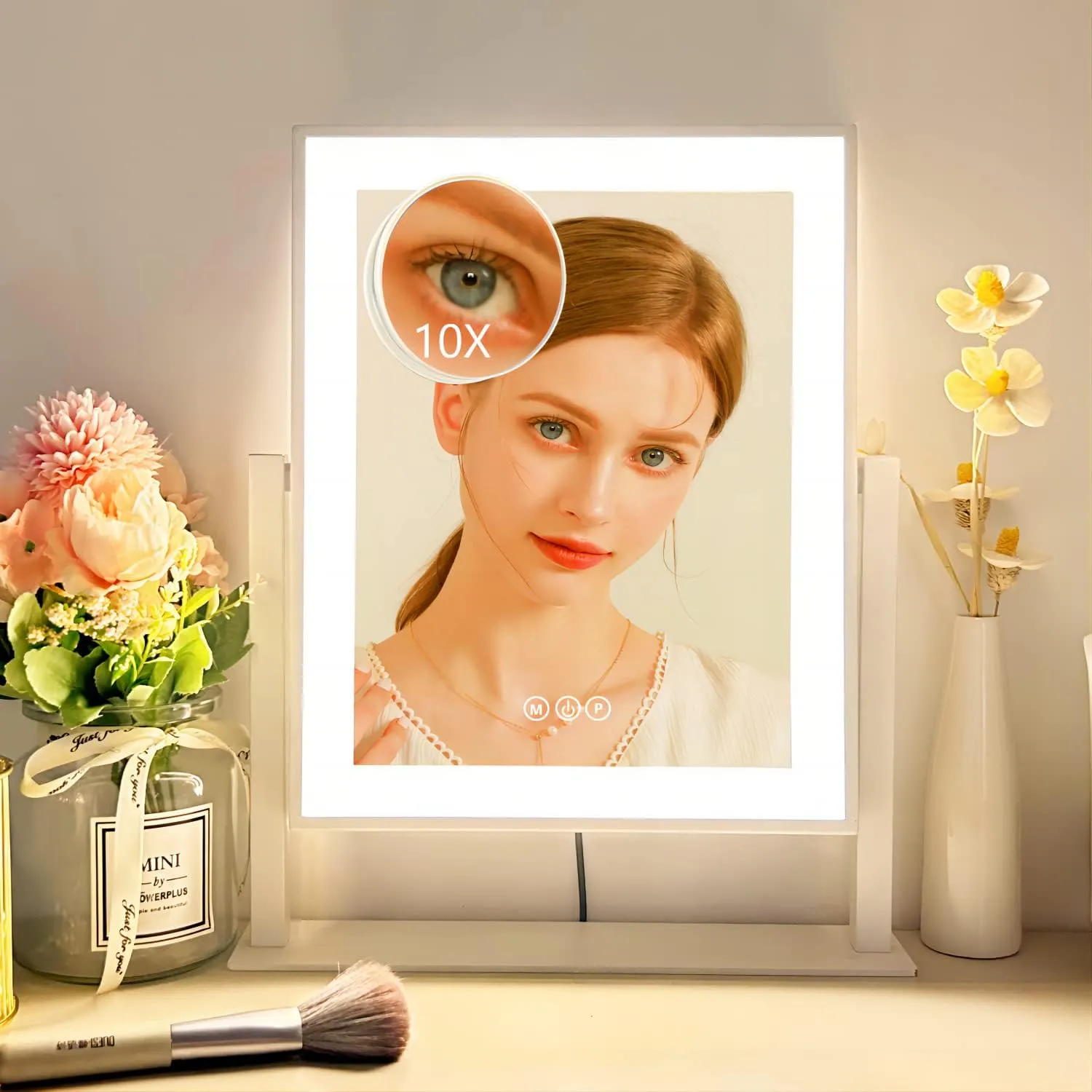 Vanity Mirror with Lights, Makeup Mirror with Lights Three Color Lighting Modes, Dimmable Touch Screen, Detachable 10X Magnifying Mirror, 360°Free Rotation,White