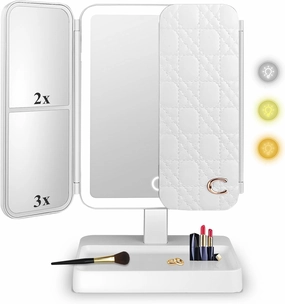 Vanity Mirror with Light, 2X 3X Magnification Touch Control Trifold 3 Colors Light Rechargable 83 Beads LED Makeup Mirror Women Gift (White)