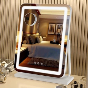 Vanity Mirror with Lights, 20.5”x 15.8” Lighted Makeup Mirror with 10X Magnification, Dimmable 3 Mode 360°Rotation Smart Touch Light Up Mirror for Desk, Bedroom, Dressing Room