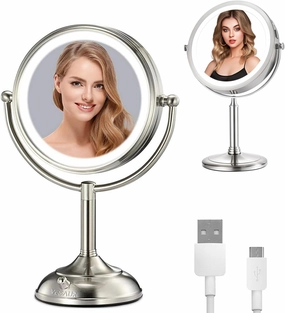 VESAUR Large Lighted Makeup Mirror, HD Undistorted Magnifying Mirror with 3 Colors Light, Brightness Adjustable One-Touch Control, 360Rotation, Tabletop Mount, Silver Finish
