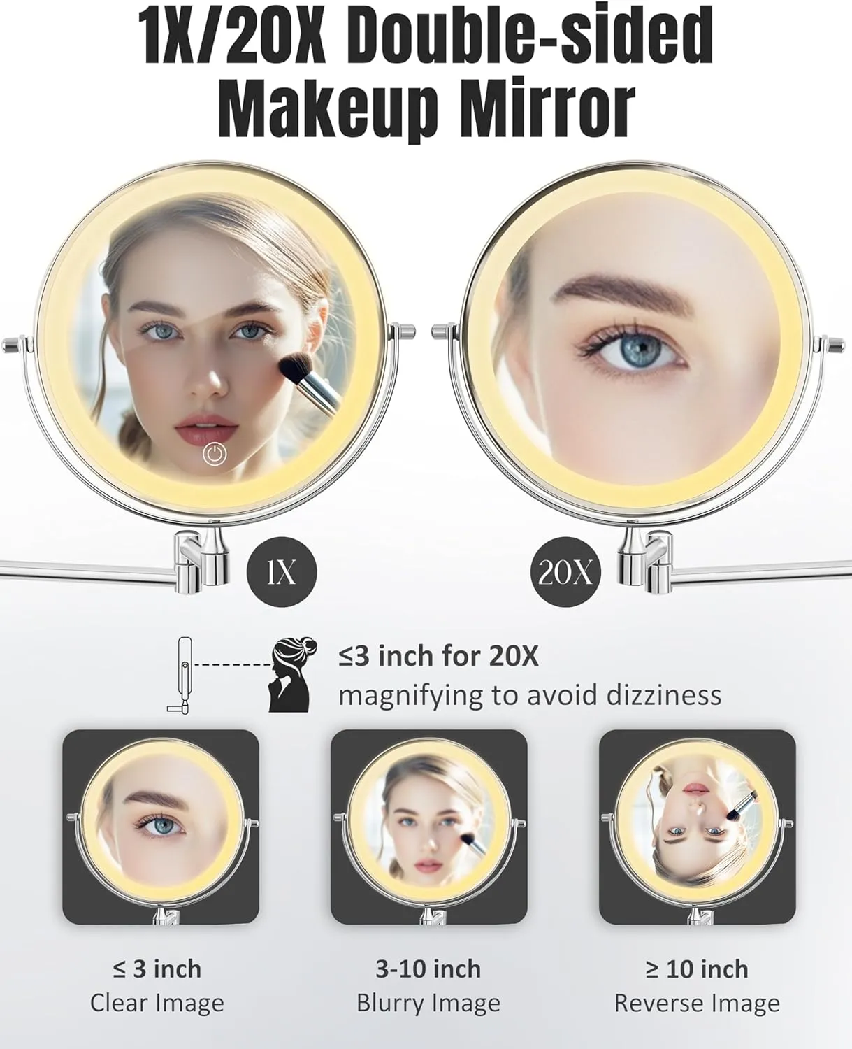 Wall Mounted Makeup Mirror with Light, 20X/1X 8'' Double Sided LED Magnifying Bathroom Lighted Vanity Mirror with Magnification, 3 Color Light up Touch Dimmable Extended Arm 360 Rotation