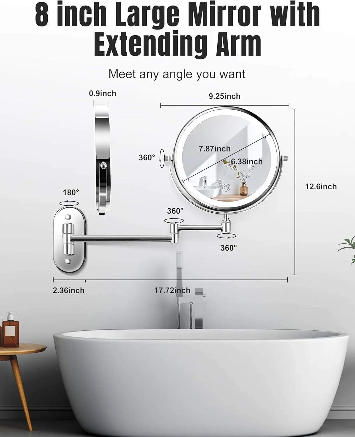 Wall Mounted Makeup Mirror with Light, 20X/1X 8'' Double Sided LED Magnifying Bathroom Lighted Vanity Mirror with Magnification, 3 Color Light up Touch Dimmable Extended Arm 360 Rotation