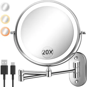 Wall Mounted Makeup Mirror with Light, 20X/1X 8'' Double Sided LED Magnifying Bathroom Lighted Vanity Mirror with Magnification, 3 Color Light up Touch Dimmable Extended Arm 360 Rotation