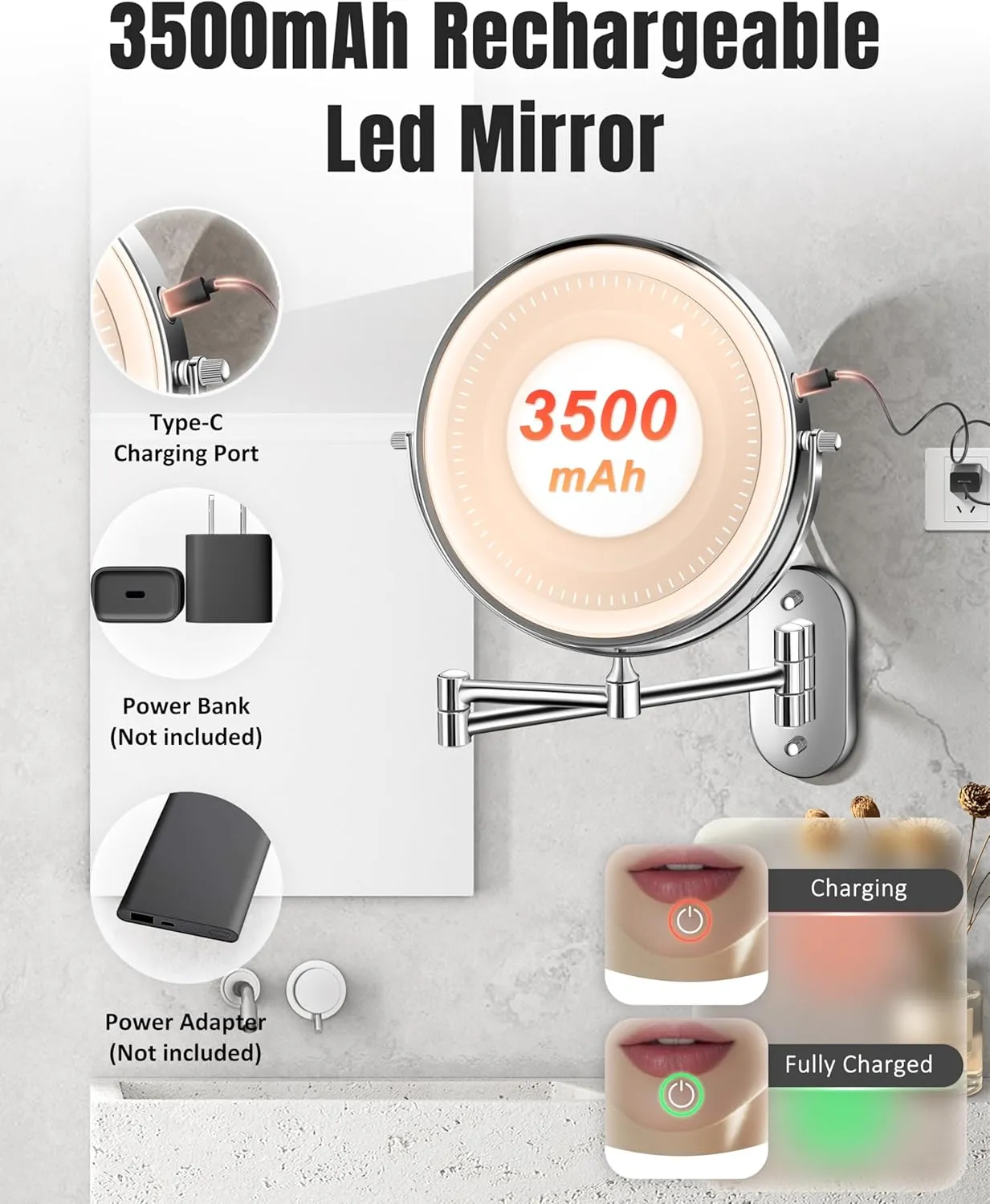 Wall Mounted Makeup Mirror with Light, 20X/1X 8'' Double Sided LED Magnifying Bathroom Lighted Vanity Mirror with Magnification, 3 Color Light up Touch Dimmable Extended Arm 360 Rotation