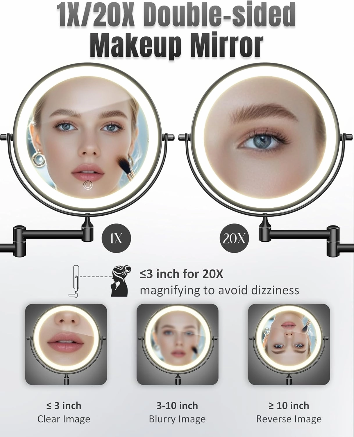 Wall Mounted Makeup Mirror with Light, 20X/1X 8'' Double Sided LED Magnifying Bathroom Lighted Vanity Mirror with Magnification, 3 Color Light up Touch Dimmable Extended Arm 360 Rotation