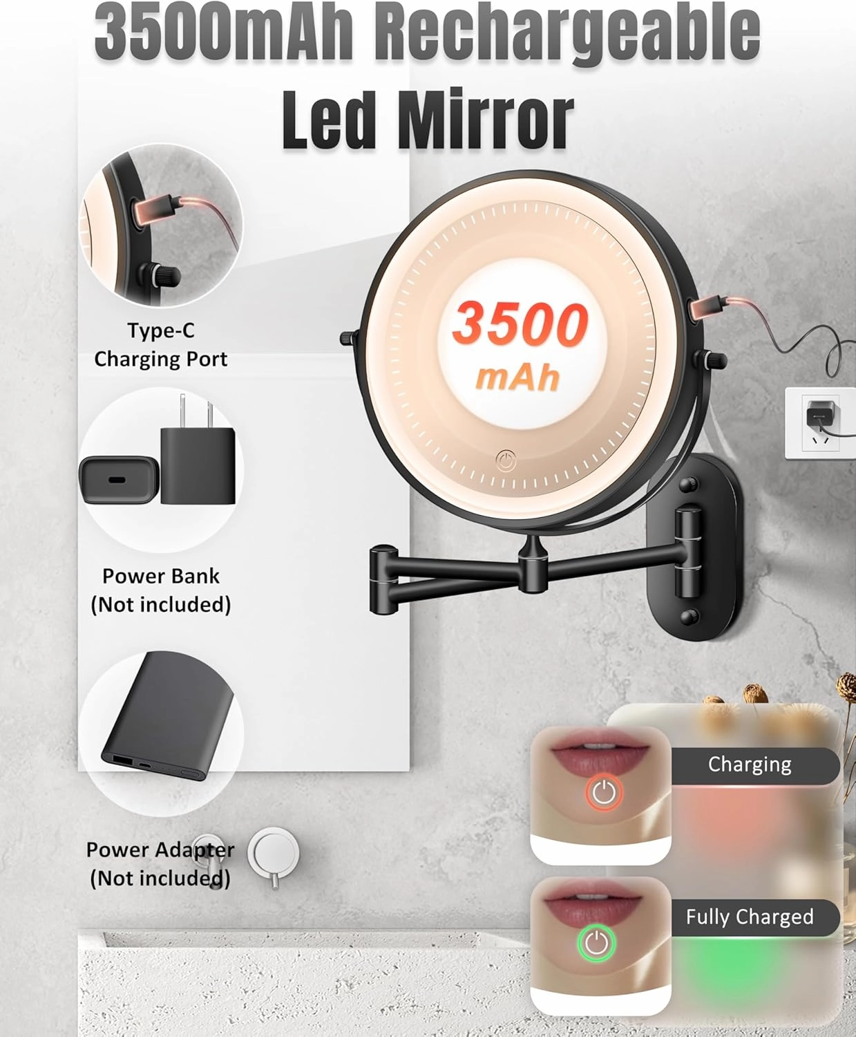Wall Mounted Makeup Mirror with Light, 20X/1X 8'' Double Sided LED Magnifying Bathroom Lighted Vanity Mirror with Magnification, 3 Color Light up Touch Dimmable Extended Arm 360 Rotation