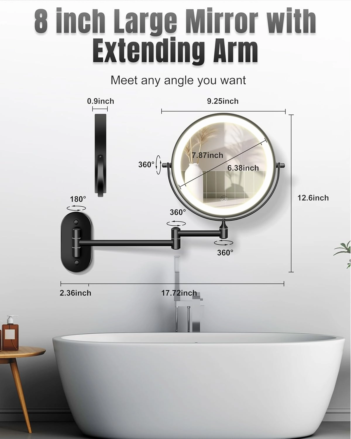 Wall Mounted Makeup Mirror with Light, 20X/1X 8'' Double Sided LED Magnifying Bathroom Lighted Vanity Mirror with Magnification, 3 Color Light up Touch Dimmable Extended Arm 360 Rotation