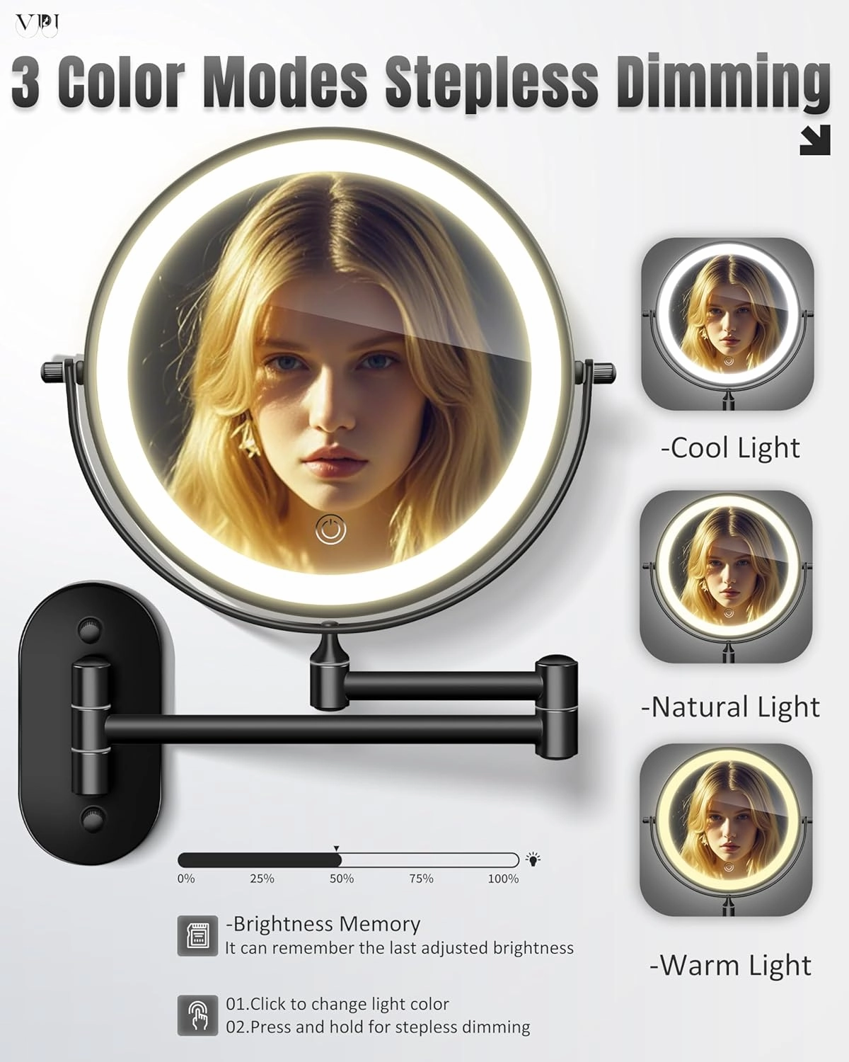 Wall Mounted Makeup Mirror with Light, 20X/1X 8'' Double Sided LED Magnifying Bathroom Lighted Vanity Mirror with Magnification, 3 Color Light up Touch Dimmable Extended Arm 360 Rotation