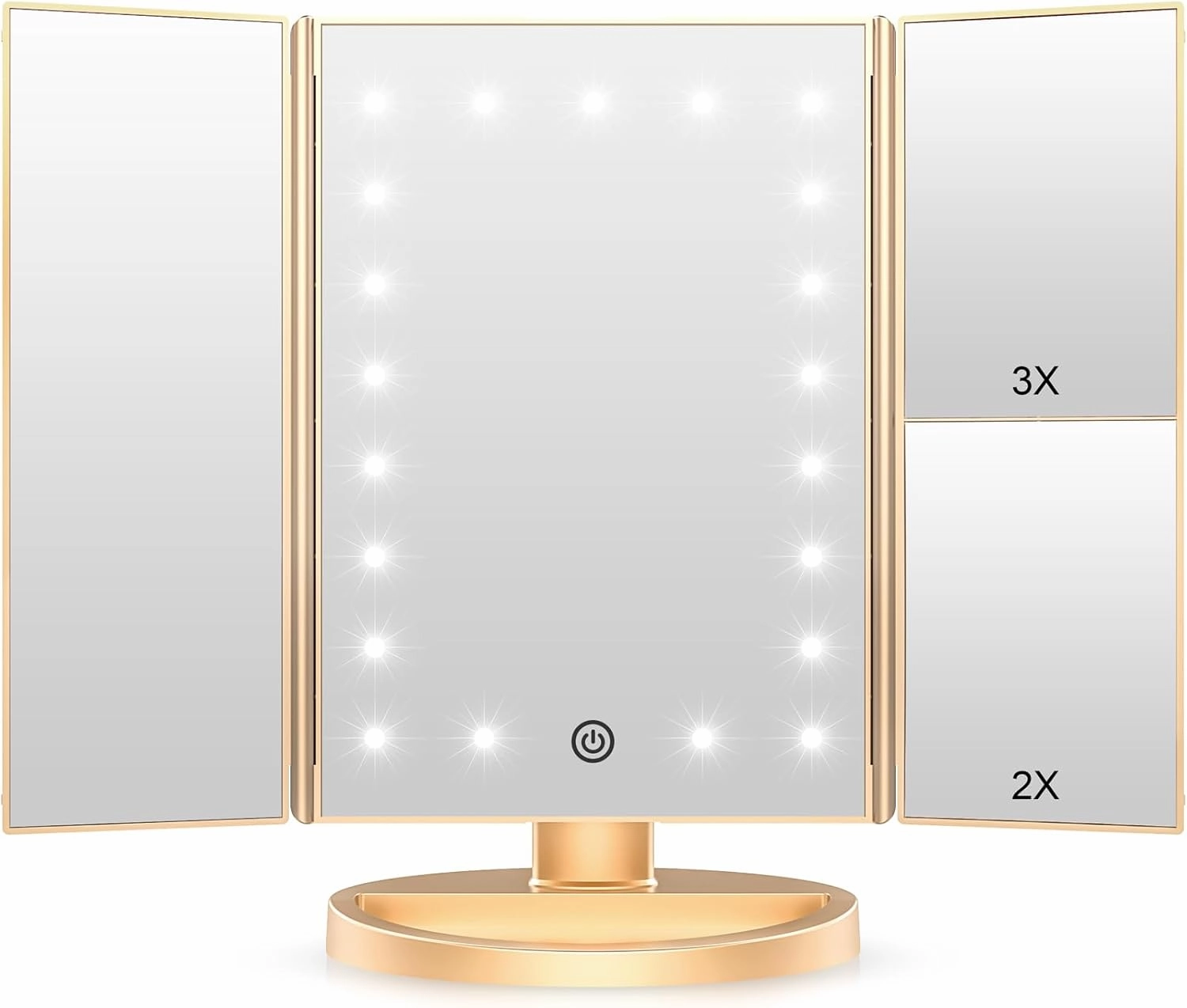 WEILY Lighted Vanity Makeup Mirror 1x/2x/3x Magnification Trifold with 21 LED Lights Touch Screen and USB Charging, 180 Degree Adjustable Stand for Countertop Cosmetic Makeup Mirror(Gold)