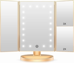 WEILY Lighted Vanity Makeup Mirror 1x/2x/3x Magnification Trifold with 21 LED Lights Touch Screen and USB Charging, 180 Degree Adjustable Stand for Countertop Cosmetic Makeup Mirror(Gold)